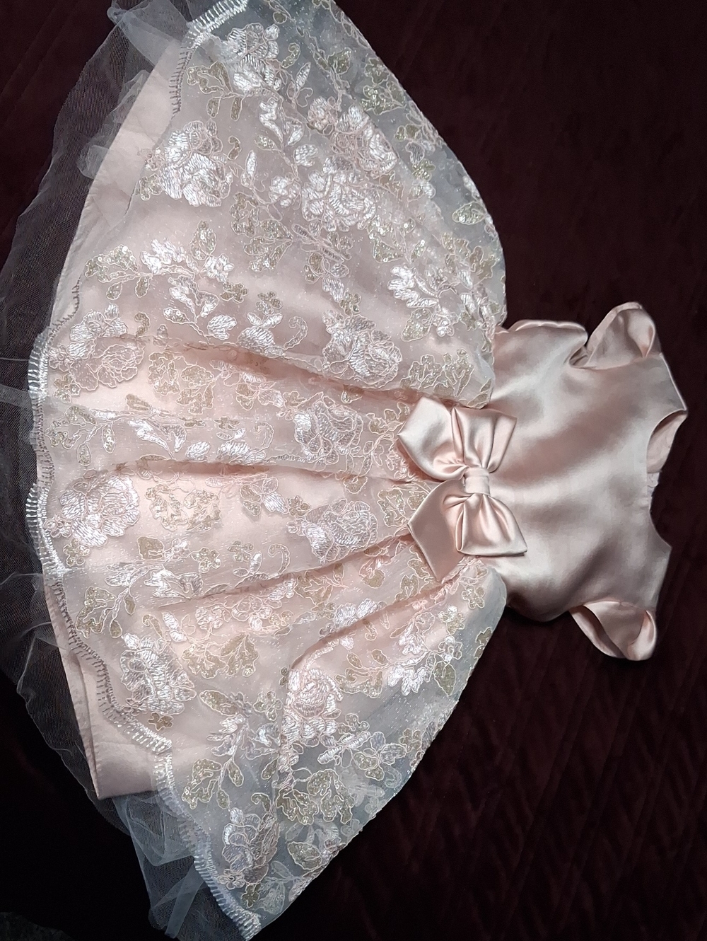 Bonnie Jean Blush Pink Satin & Lace Party Dress with Bow